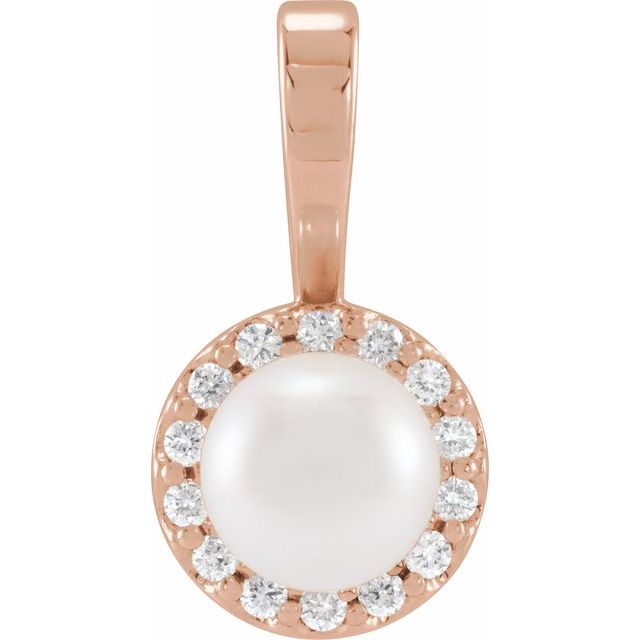 14K Rose Cultured White Akoya Pearl  & 1/8 CTW Natural Diamond Pendant