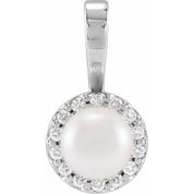 14K White Cultured White Akoya Pearl  & 1/8 CTW Natural Diamond Pendant