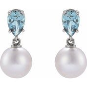 Platinum Cultured White Akoya Pearl & Natural Aquamarine Earrings