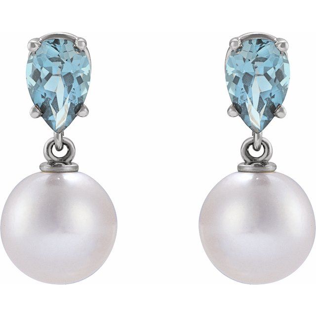 Sterling Silver Cultured White Akoya Pearl & Natural Aquamarine Earrings