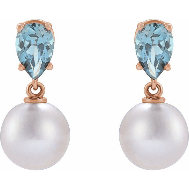 14K Rose Cultured White Akoya Pearl & Natural Aquamarine Earrings