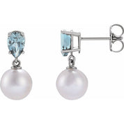 Sterling Silver Cultured White Akoya Pearl & Natural Aquamarine Earrings