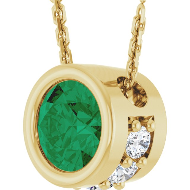 14K Yellow Lab-Grown Emerald & .07 CTW Natural Diamond 18" Necklace