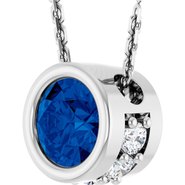 14K White Lab-Grown Blue Sapphire & .07 CTW Natural Diamond 18" Necklace