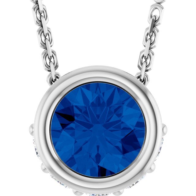 14K White Lab-Grown Blue Sapphire & .07 CTW Natural Diamond 18" Necklace