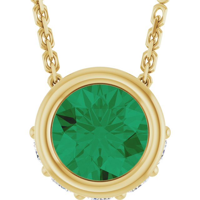 14K Yellow Lab-Grown Emerald & .07 CTW Natural Diamond 18" Necklace