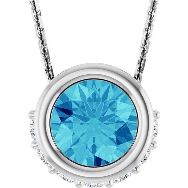 14K White Natural Blue Zircon & 1/10 CTW Natural Diamond 18" Necklace