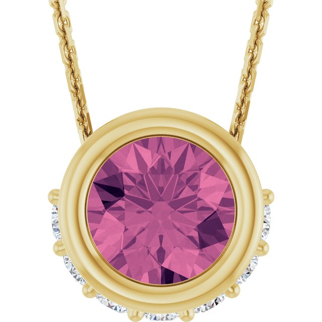 14K Yellow Natural Pink Tourmaline & 1/10 CTW Natural Diamond 18" Necklace