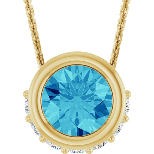 14K Yellow Natural Blue Zircon & 1/10 CTW Natural Diamond 18" Necklace