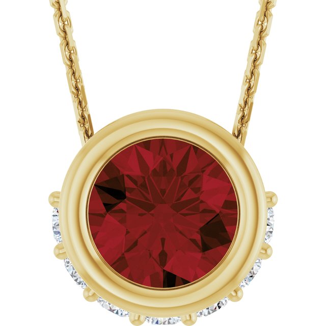 14K Yellow Natural Mozambique Garnet & 1/10 CTW Natural Diamond 18" Necklace
