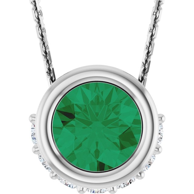 14K White Natural Emerald & 1/10 CTW Natural Diamond 18" Necklace