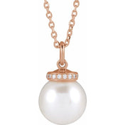 14K Rose Cultured White Akoya Pearl & .04 CTW Natural Diamond 16-18" Necklace