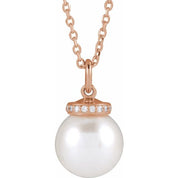 14K Rose Cultured White Akoya Pearl & .04 CTW Natural Diamond 16-18" Necklace