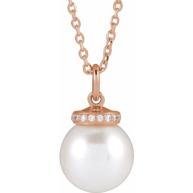 14K Rose Cultured White Akoya Pearl & .04 CTW Natural Diamond 16-18" Necklace