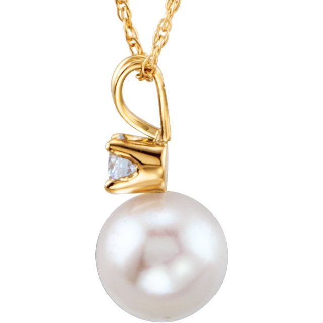 14K Yellow Cultured White Akoya Pearl & 1/10 CTW Natural Diamond 18" Necklace