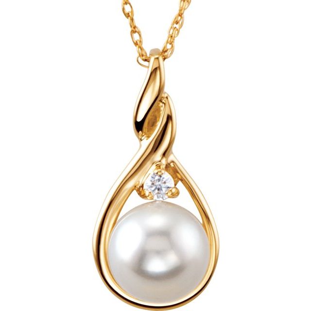 14K Yellow Cultured White Akoya Pearl & .03 CTW Natural Diamond 18" Necklace