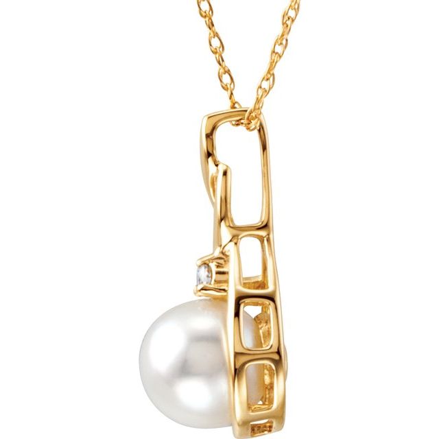 14K Yellow Cultured White Akoya Pearl & .03 CTW Natural Diamond 18" Necklace