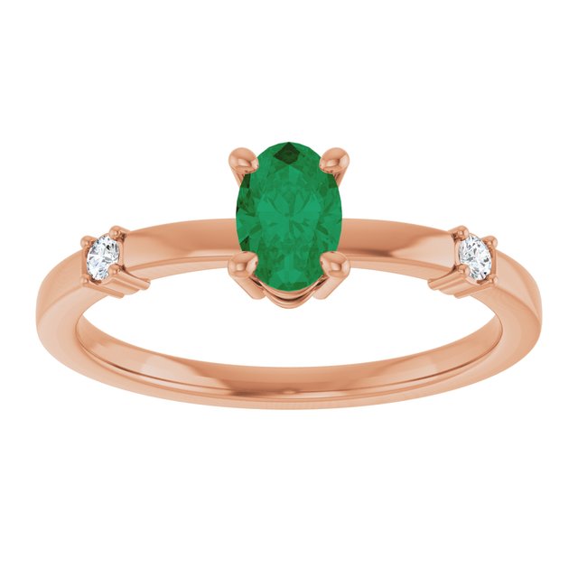 14K Rose Lab-Grown Emerald & .05 CTW Natural Diamond Ring