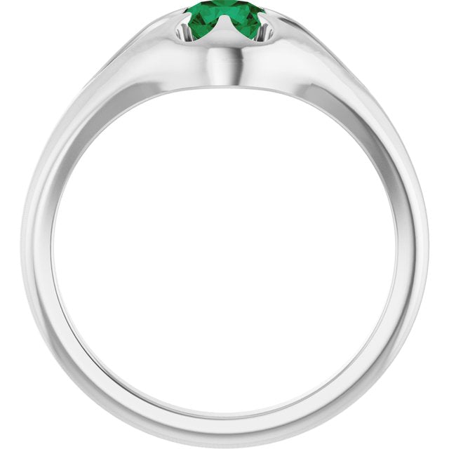 14K White Natural Emerald Belcher Ring
