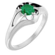 14K White Natural Emerald Belcher Ring