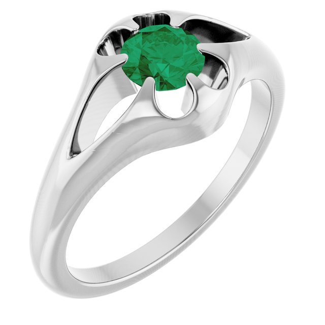 14K White Natural Emerald Belcher Ring