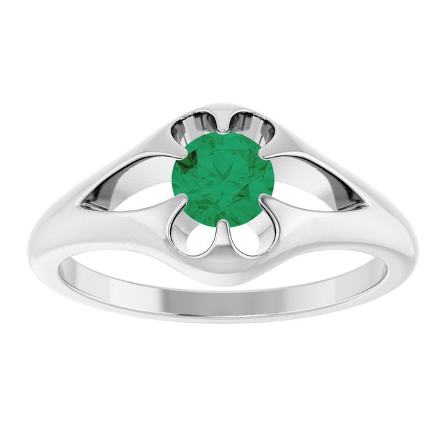 14K White Natural Emerald Belcher Ring