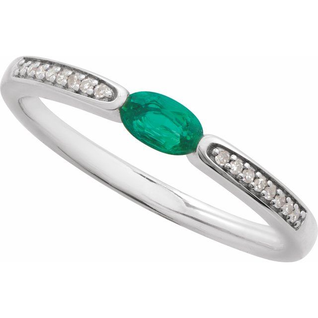 14K White Imitation Emerald & .05 CTW Natural Diamond Ring