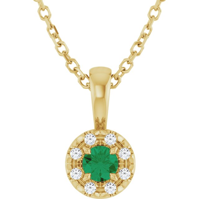 14K Yellow 3 mm Lab-Grown Emerald & .03 CTW Natural Diamond 16-18" Necklace
