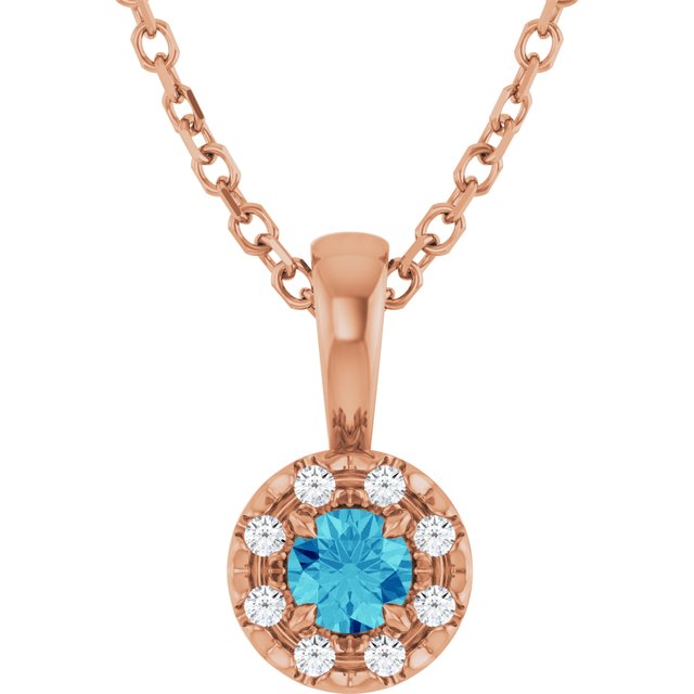 14K Rose 3 mm Natural Blue Zircon & .03 CTW Natural Diamond 16-18" Necklace