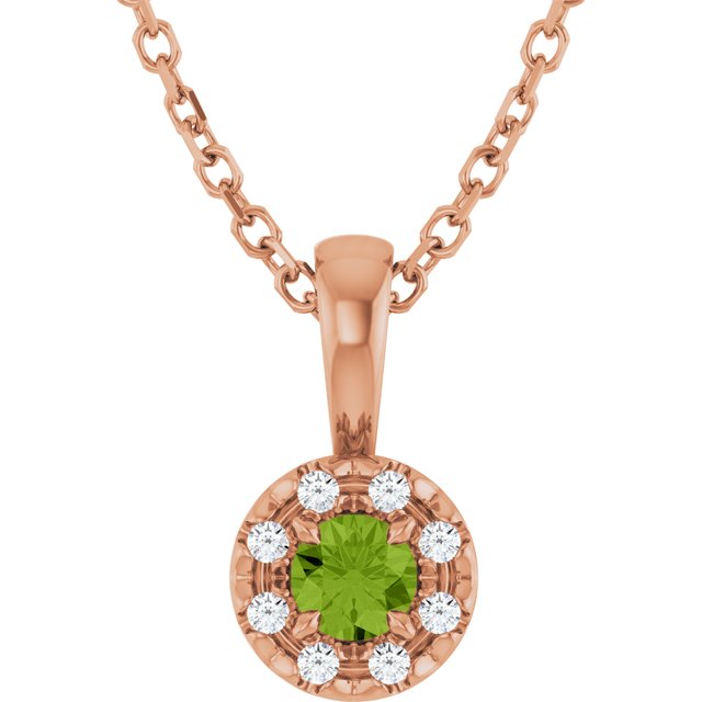 14K Rose 3 mm Natural Peridot & .03 CTW Natural Diamond 16-18" Necklace