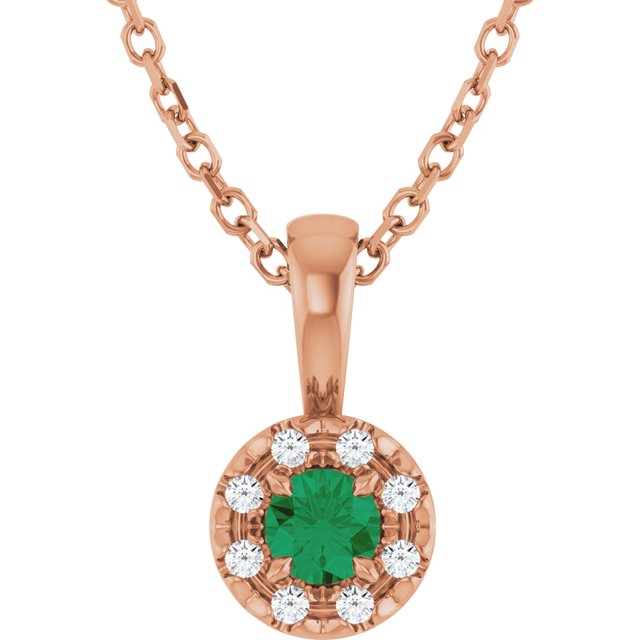 14K Rose 3 mm Lab-Grown Emerald & .03 CTW Natural Diamond 16-18" Necklace