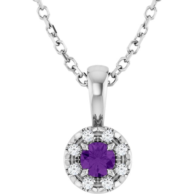14K White 3 mm Natural Amethyst & .03 CTW Natural Diamond 16-18" Necklace