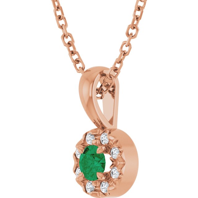 14K Rose 3 mm Lab-Grown Emerald & .03 CTW Natural Diamond 16-18" Necklace