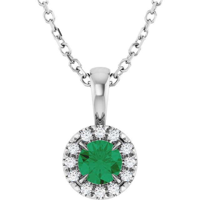 Sterling Silver 4 mm Lab-Grown Emerald & .05 CTW Natural Diamond 16-18" Necklace