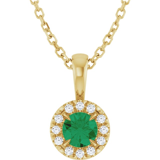 14K Yellow 4 mm Natural Emerald & .05 CTW Natural Diamond 16-18" Necklace