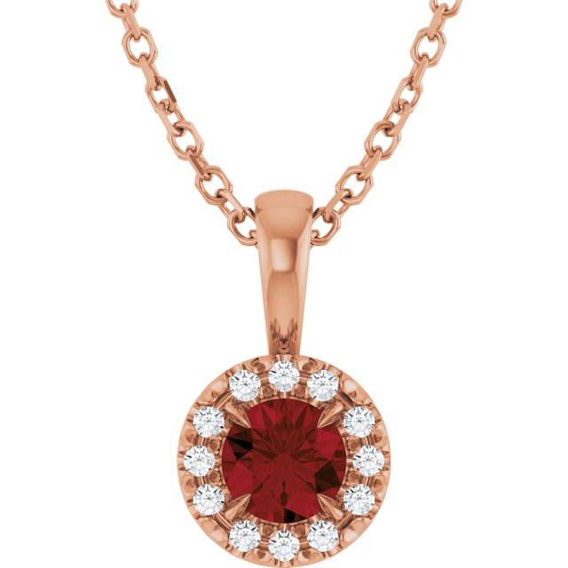 14K Rose 4 mm Natural Mozambique Garnet & .05 CTW Natural Diamond 16-18" Necklace