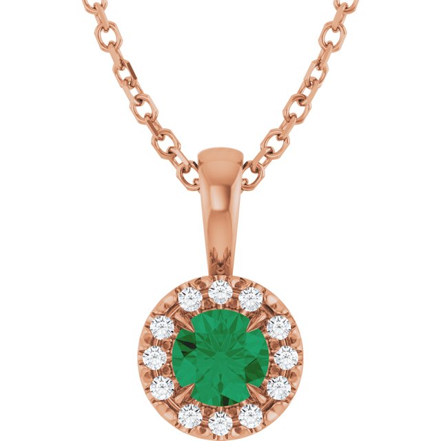 14K Rose 4 mm Lab-Grown Emerald & .05 CTW Natural Diamond 16-18" Necklace