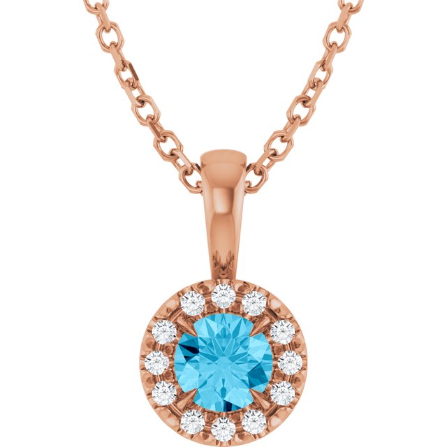 14K Rose 4 mm Natural Aquamarine & .05 CTW Natural Diamond 16-18" Necklace