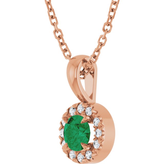 14K Rose 4 mm Lab-Grown Emerald & .05 CTW Natural Diamond 16-18" Necklace