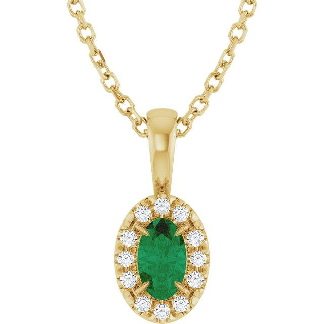 14K Yellow 5x3 mm Lab-Grown Emerald & .05 CTW Natural Diamond 16-18" Necklace