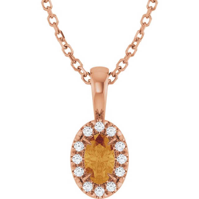 14K Rose 5x3 mm Natural Citrine & .05 CTW Natural Diamond 16-18" Necklace