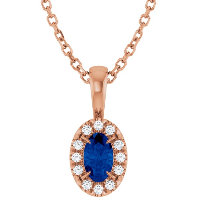 14K Rose 5x3 mm Lab-Grown Blue Sapphire & .05 CTW Natural Diamond 16-18" Necklace