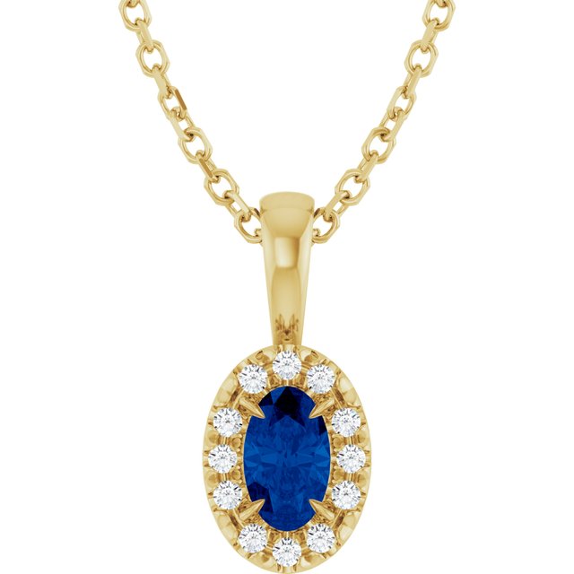 14K Yellow 5x3 mm Lab-Grown Blue Sapphire & .05 CTW Natural Diamond 16-18" Necklace