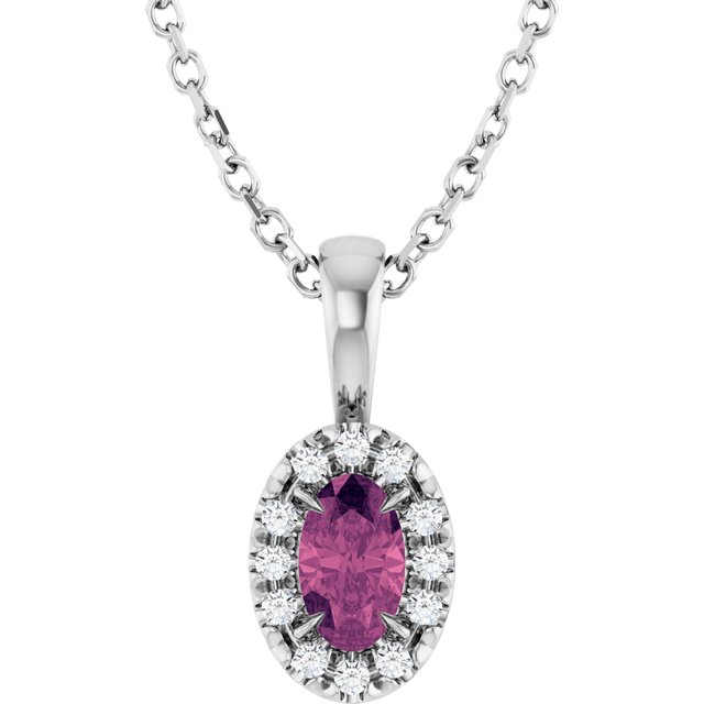 14K White 5x3 mm Natural Pink Tourmaline & .05 CTW Natural Diamond 16-18" Necklace