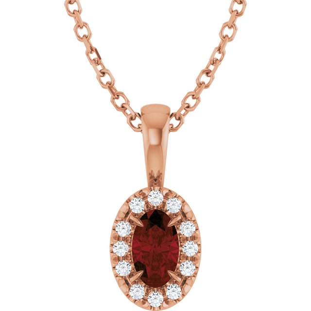 14K Rose 5x3 mm Natural Mozambique Garnet & .05 CTW Natural Diamond 16-18" Necklace