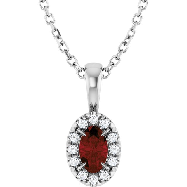 Sterling Silver 5x3 mm Natural Mozambique Garnet & .05 CTW Natural Diamond 16-18" Necklace