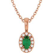 14K Rose 5x3 mm Natural Emerald & .05 CTW Natural Diamond 16-18" Necklace