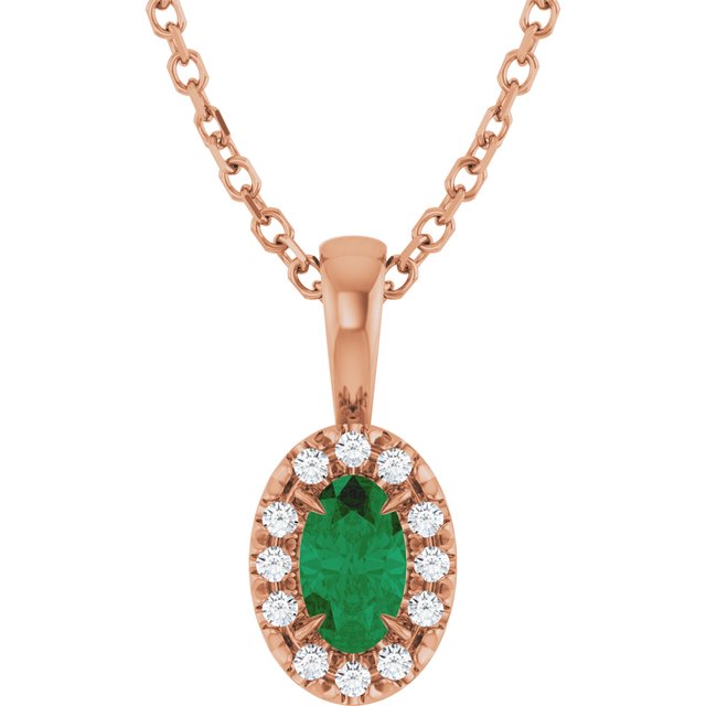 14K Rose 5x3 mm Natural Emerald & .05 CTW Natural Diamond 16-18" Necklace