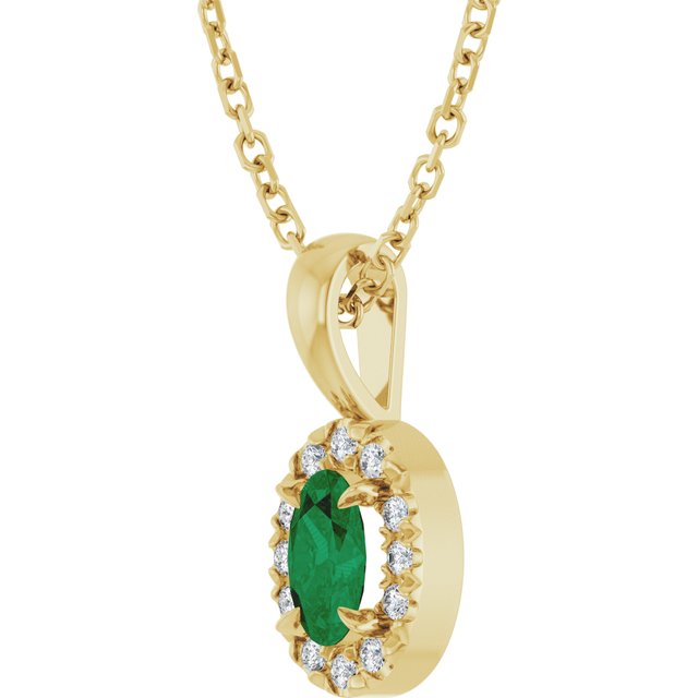 14K Yellow 5x3 mm Lab-Grown Emerald & .05 CTW Natural Diamond 16-18" Necklace