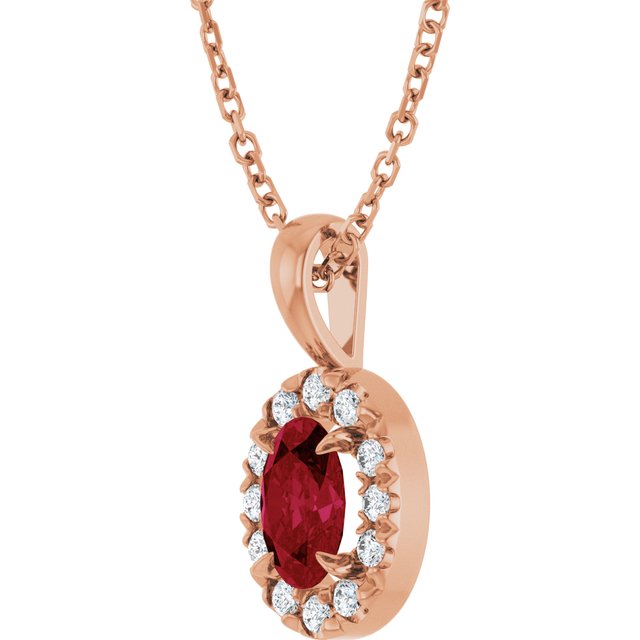 14K Rose 6x4 mm Natural Ruby & 1/10 CTW Natural Diamond 16-18" Necklace